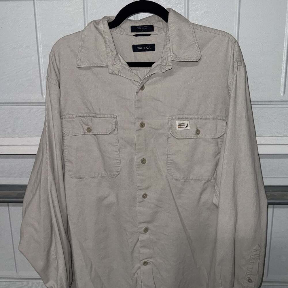 Nautica Men's Beige 100% Cotton Corduroy Button Down Long Sleeve (L)